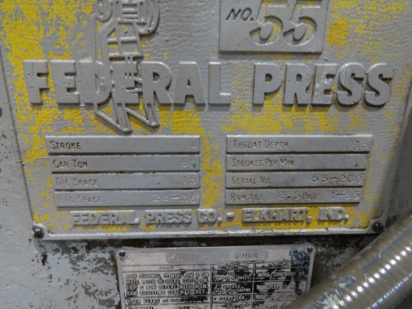 Federal No 55 Mechanical OBI Punch Press 60 Ton Air Brake Clutch 4" Stroke 10Hp
