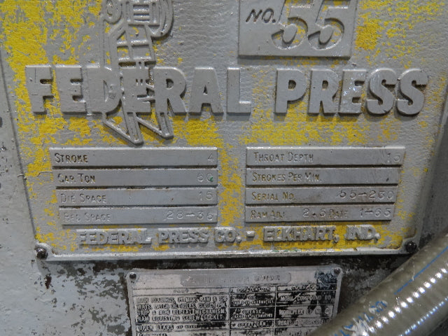 Federal No 55 Mechanical OBI Punch Press 60 Ton Air Brake Clutch 4" Stroke 10Hp