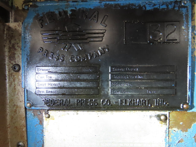 Federal Mechanical OBI Punch Press 32 Ton Air Brake Clutch 1-1/2" Stroke 7.5Hp