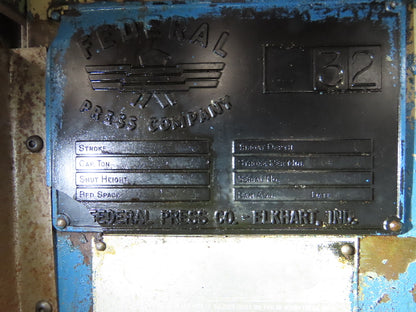 Federal Mechanical OBI Punch Press 32 Ton Air Brake Clutch 1-1/2" Stroke 7.5Hp