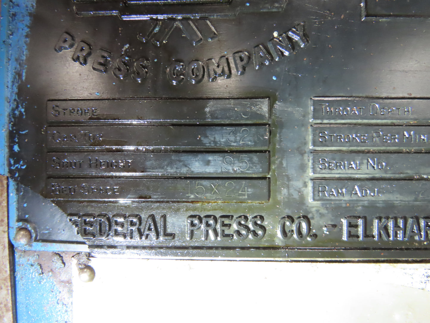 Federal Mechanical OBI Punch Press 32 Ton Air Brake Clutch 1-1/2" Stroke 7.5Hp