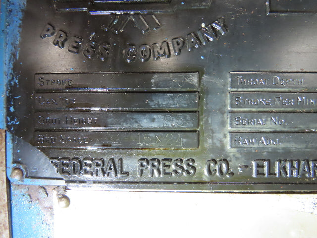 Federal Mechanical OBI Punch Press 32 Ton Air Brake Clutch 1-1/2" Stroke 7.5Hp