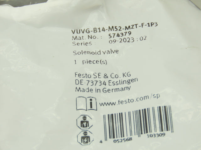Festo VUVG-B14-M52-MZT-F-1P3 Pneumatic Air Solenoid Valve 2 Pos 5 Way 24V Coil