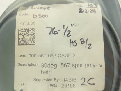 Mantissa Conveyor 76-1/2"L Spur Poly-V Belt 2.83"W 30deg Case 02 000-567-663