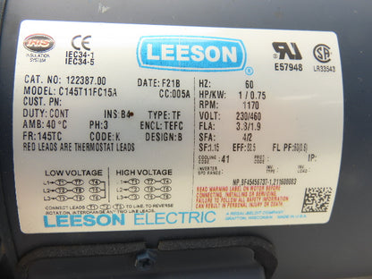 Leeson C145T11FC15A AC Motor 1Hp 1170rpm 230/460V 3PH 143/145TC TEFC 122387.00