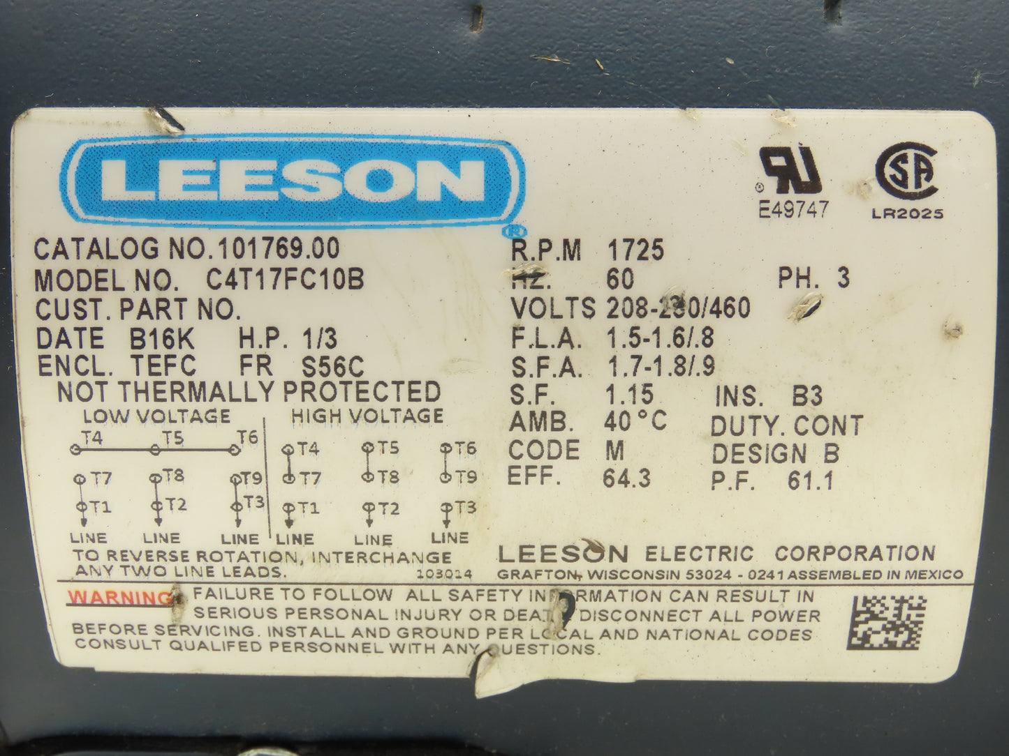 Leeson Cone Drive C4T17FC B03 Gear Motor 1/3Hp 58rpm 230/460V 3PH LH 56C