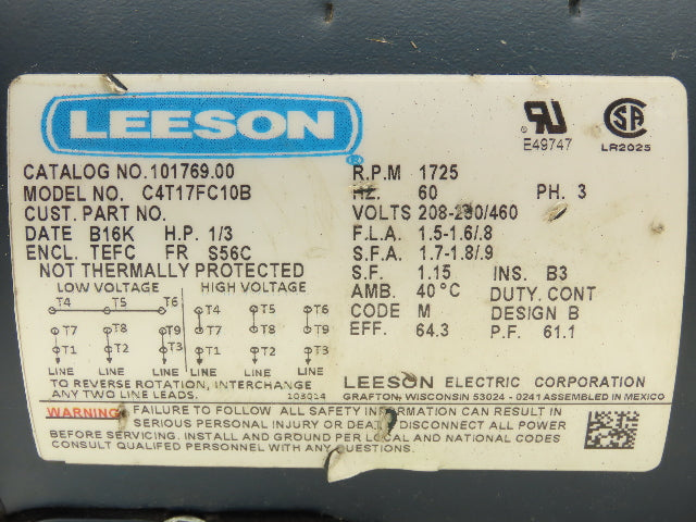 Leeson Cone Drive C4T17FC B03 Gear Motor 1/3Hp 58rpm 230/460V 3PH LH 56C
