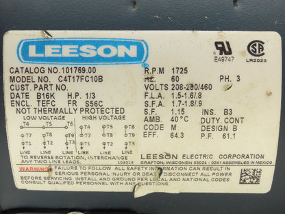Leeson Cone Drive C4T17FC B03 Gear Motor 1/3Hp 58rpm 230/460V 3PH LH 56C