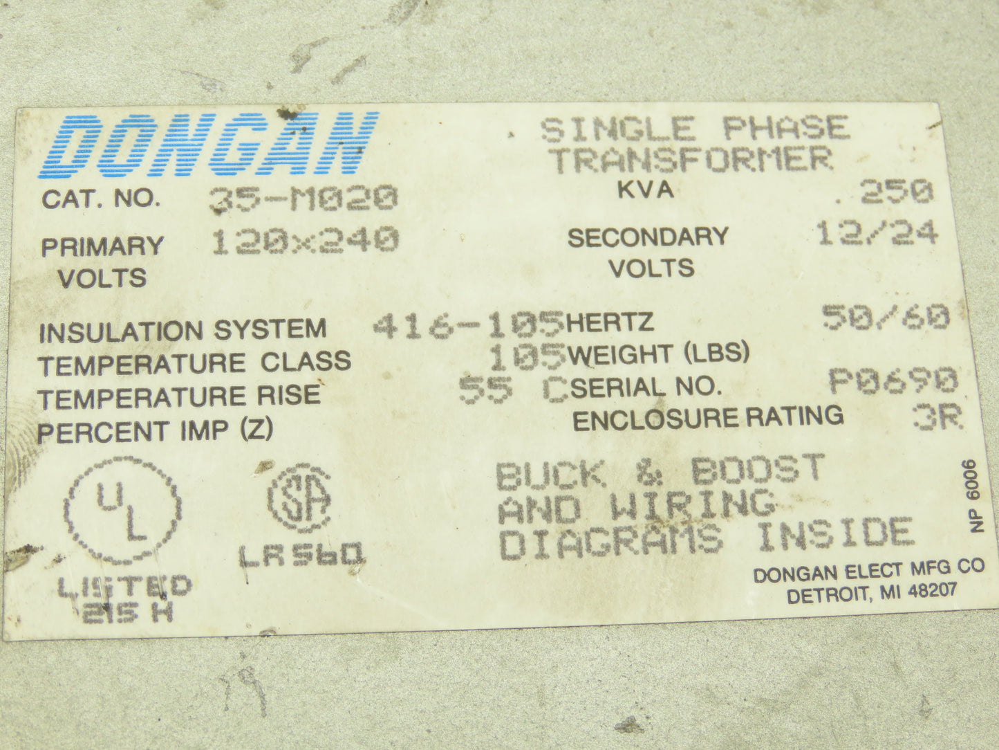 Dongan 35-M020 Power Transformer 250KVA 1Ph HV 120/240V LV24/12V