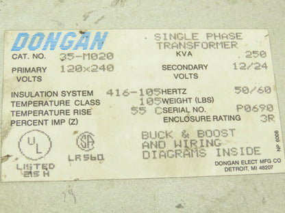 Dongan 35-M020 Power Transformer 250KVA 1Ph HV 120/240V LV24/12V