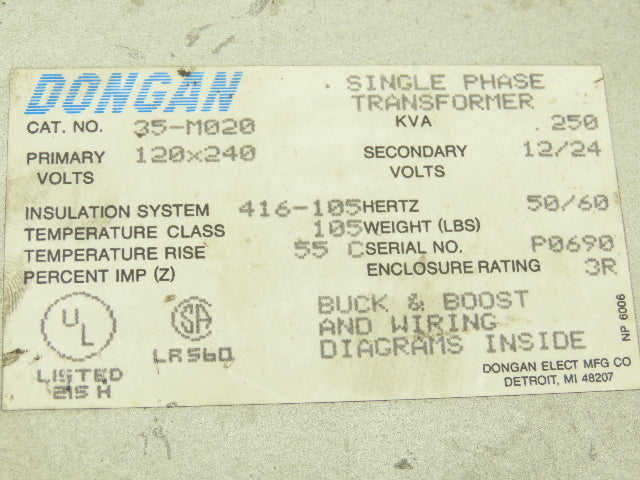 Dongan 35-M020 Power Transformer 250KVA 1Ph HV 120/240V LV24/12V