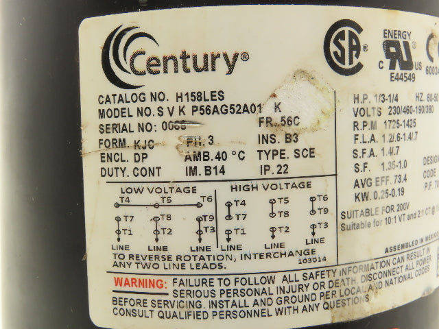 Century SVK P56AG52A01 AC Motor 1/3Hp 1725rpm 230/460V 3PH 56C Drip Proof