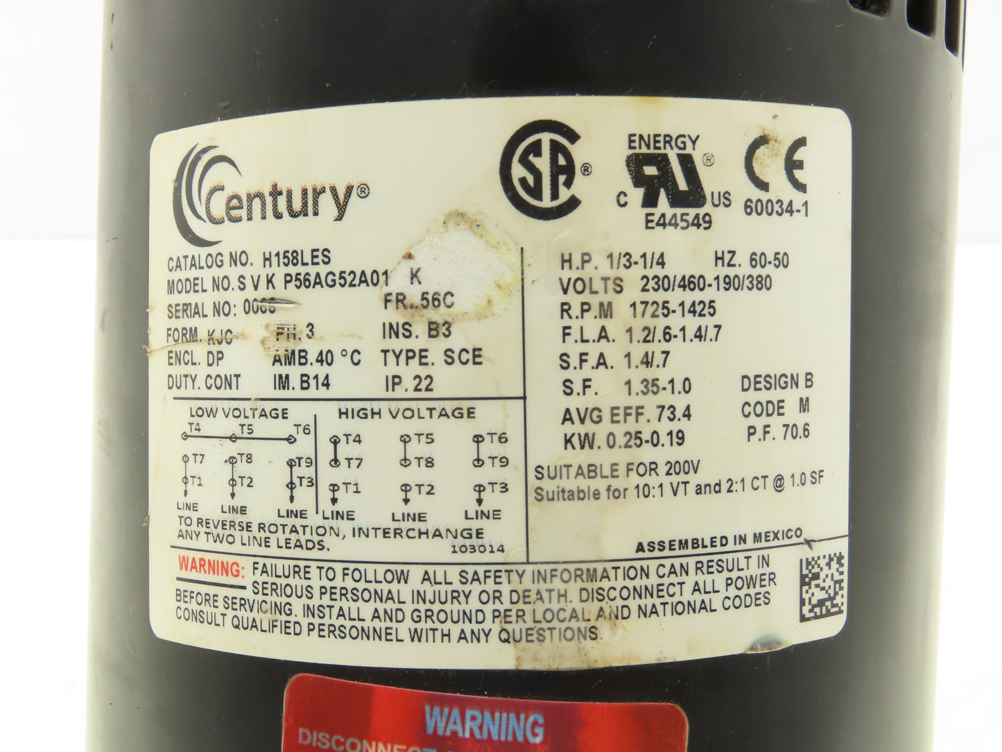 Century SVK P56AG52A01 AC Motor 1/3Hp 1725rpm 230/460V 3PH 56C Drip Proof