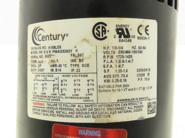 Century SVK P56AG52A01 AC Motor 1/3Hp 1725rpm 230/460V 3PH 56C Drip Proof