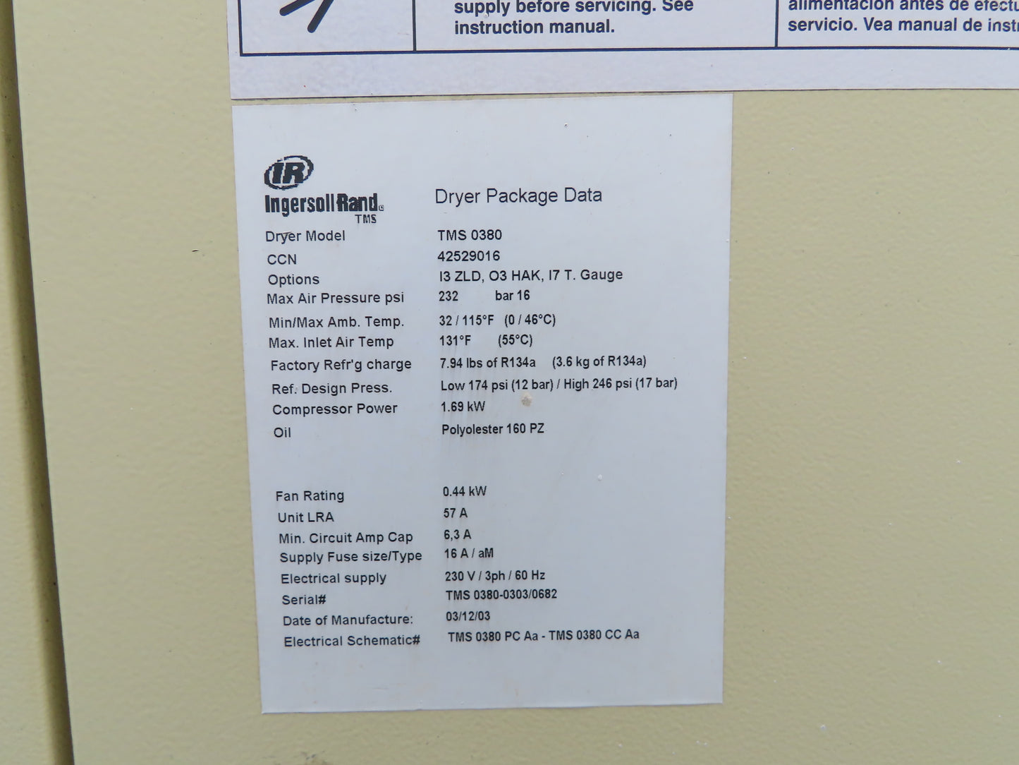 Ingersoll Rand TMS0380 Air Compressor Dryer 380CFM 1.69kw 230V 2" Ports