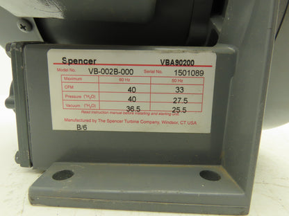 Spencer VB-002B-000 Vortex Regenerative Blower 40cfm 1"npt .25Hp 3300rpm 230/460