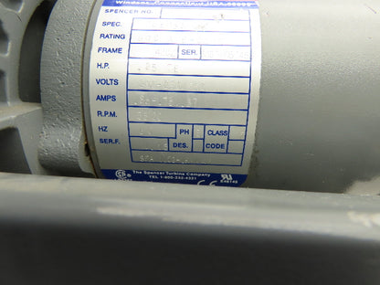 Spencer VB-002B-000 Vortex Regenerative Blower 40cfm 1"npt .25Hp 3300rpm 230/460