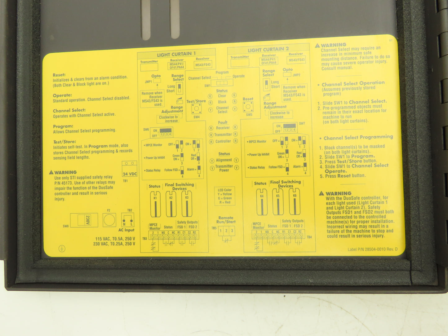 Sti 43207-0010 Light Curtain Power Supply w/Encl Duosafe AC1 115/230VAC
