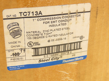 TC713A Steel City 1" EMT Conduit Compression Connector Insulated Lot of 99