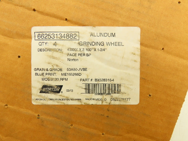 Norton GWRH360 Alundum Grinding Wheel 4" x 2.344" x 2" 81200RPM Lot of 8