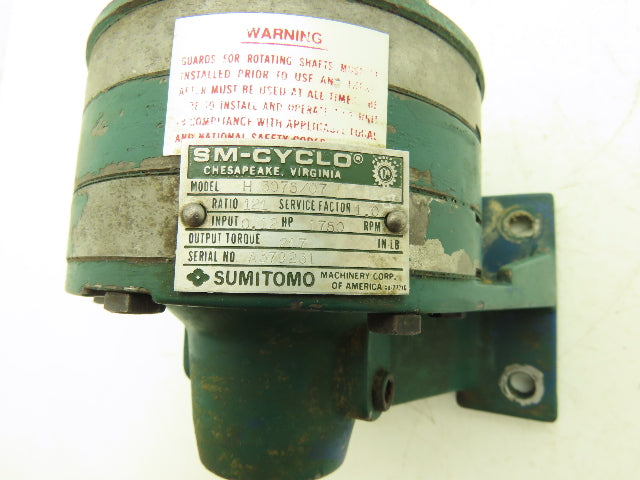 Sumitomo SM-Cyclo H3075/07 Inline Gearbox 121:1 Reducer .12Hp 15rpm 1/2" Shaft