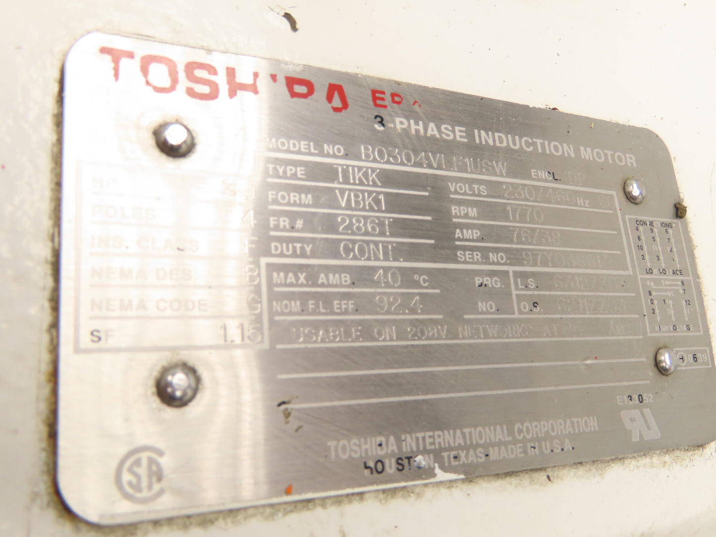 Toshiba B0304VLF1USW Rotary Compressor AC Motor 30Hp 1770rpm 230/460V 3PH 286T