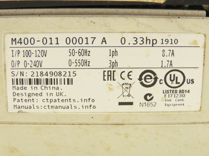 Emerson M400-011 00017 A AC Drive VFD 0.33Hp 120V 1PH In 240V 3PH Out For Parts