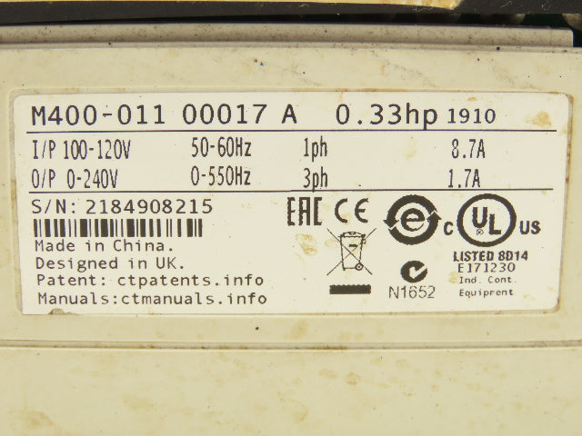 Emerson M400-011 00017 A AC Drive VFD 0.33Hp 120V 1PH In 240V 3PH Out For Parts