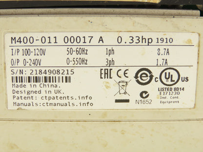Emerson M400-011 00017 A AC Drive VFD 0.33Hp 120V 1PH In 240V 3PH Out For Parts