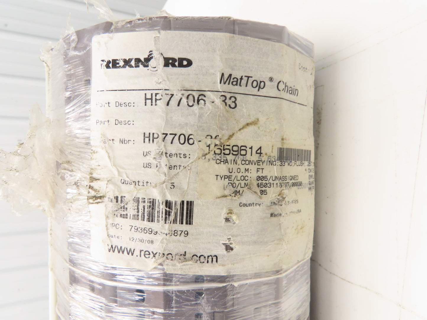 Rexnord HP7706-33 MatTop Perforated Top Plastic Conveyor Chain 33"W 10' Length