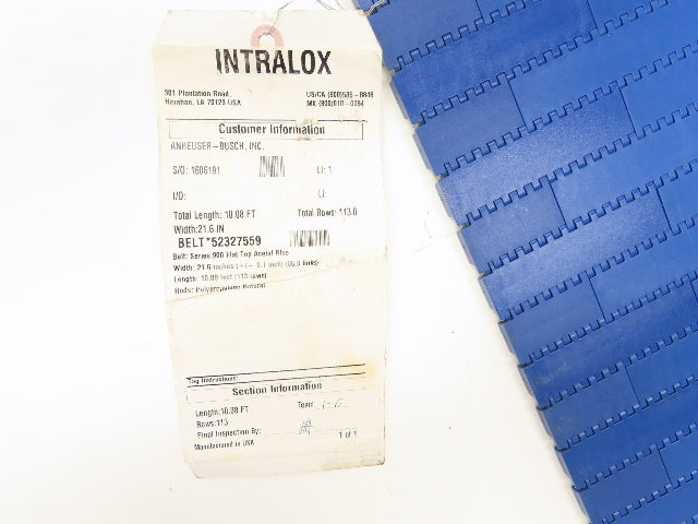 Intralox 900 MatTop Flat Top Plastic Conveyor Belt Chain BLUE 21.6"W 10' Length