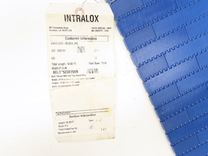 Intralox 900 MatTop Flat Top Plastic Conveyor Belt Chain BLUE 21.6"W 10' Length