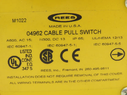 Rees 04962 Cable Pull Safety Switch E-Stop Assembly With Broken Cable Detection