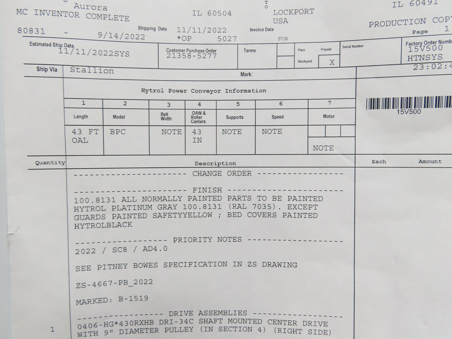 Hytrol BPC 49"W Slider Bed Belt Conveyor Center Drive Section *Needs Motor*
