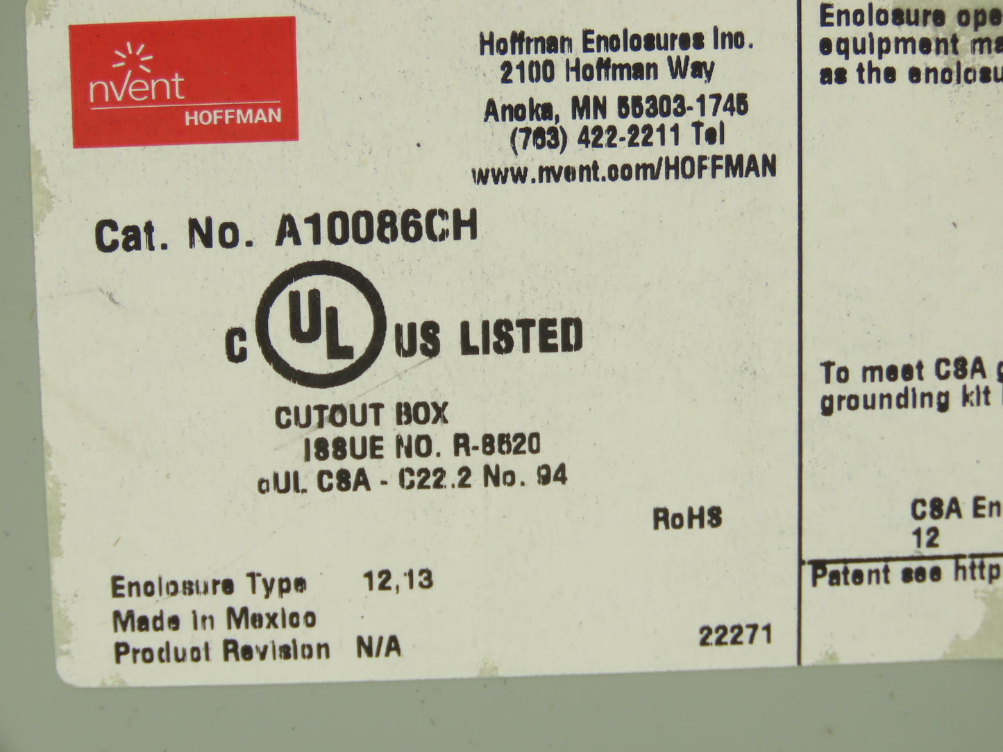 Hoffman A10086CH Electrical Enclosure JIC Switch Panel Box 10x8x6" Wall Mount