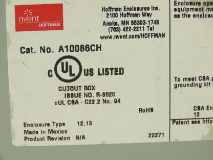 Hoffman A10086CH Electrical Enclosure JIC Switch Panel Box 10x8x6" Wall Mount