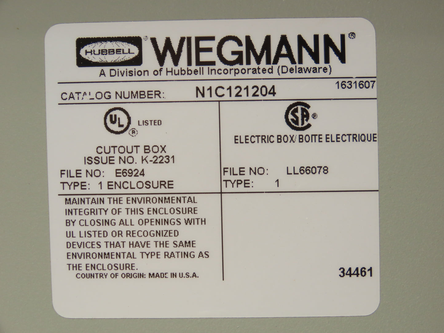 Wiegmann N1C121204 Electrical Enclosure Cabinet 12"X12"X4" With Backplate