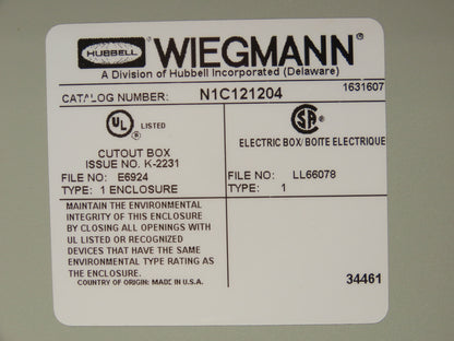 Wiegmann N1C121204 Electrical Enclosure Cabinet 12"X12"X4" With Backplate