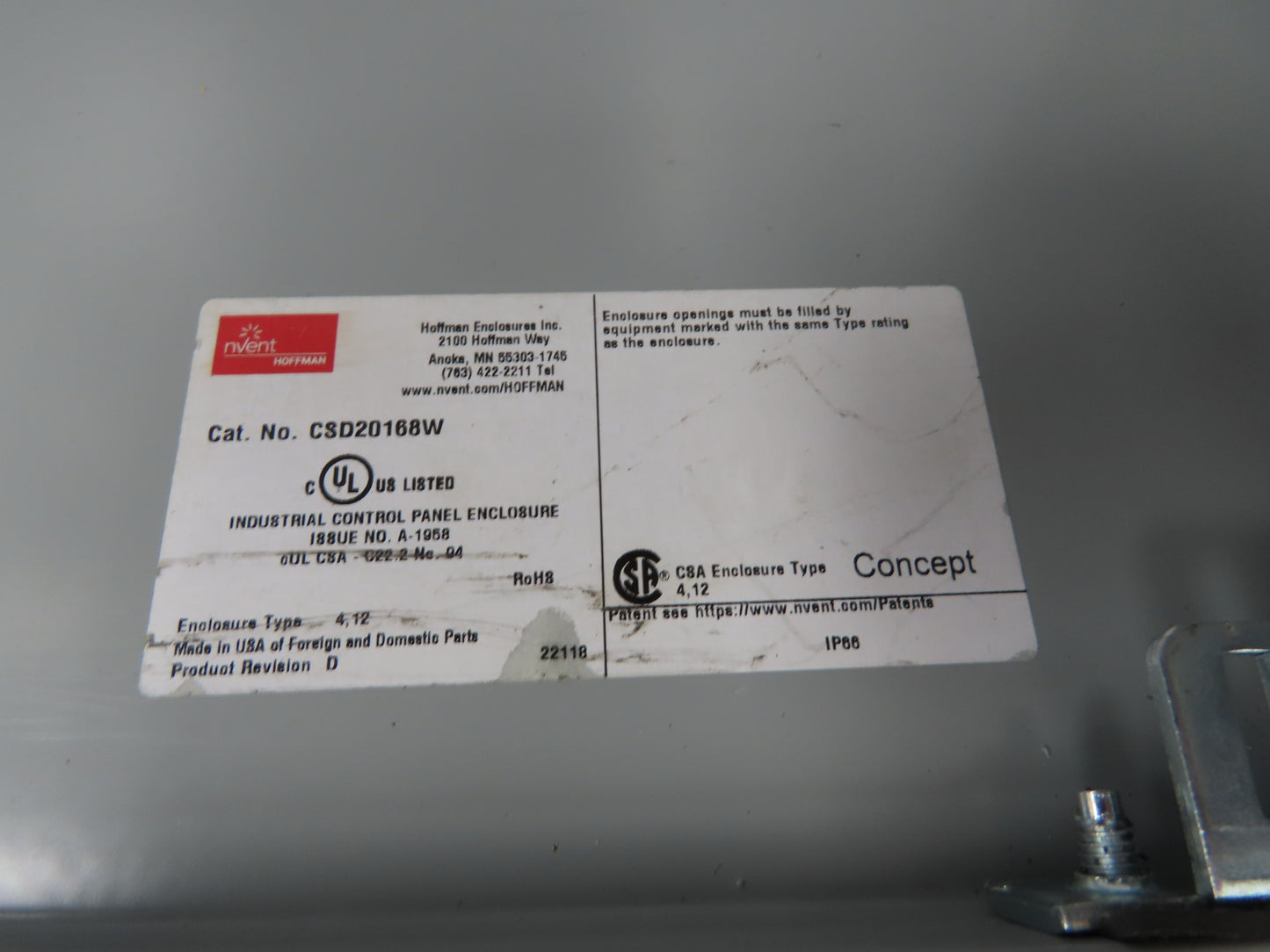 nVent Hoffman CSD20168W Electrical Window-Door Enclosure 20"x16"x8" W/ Blemishes