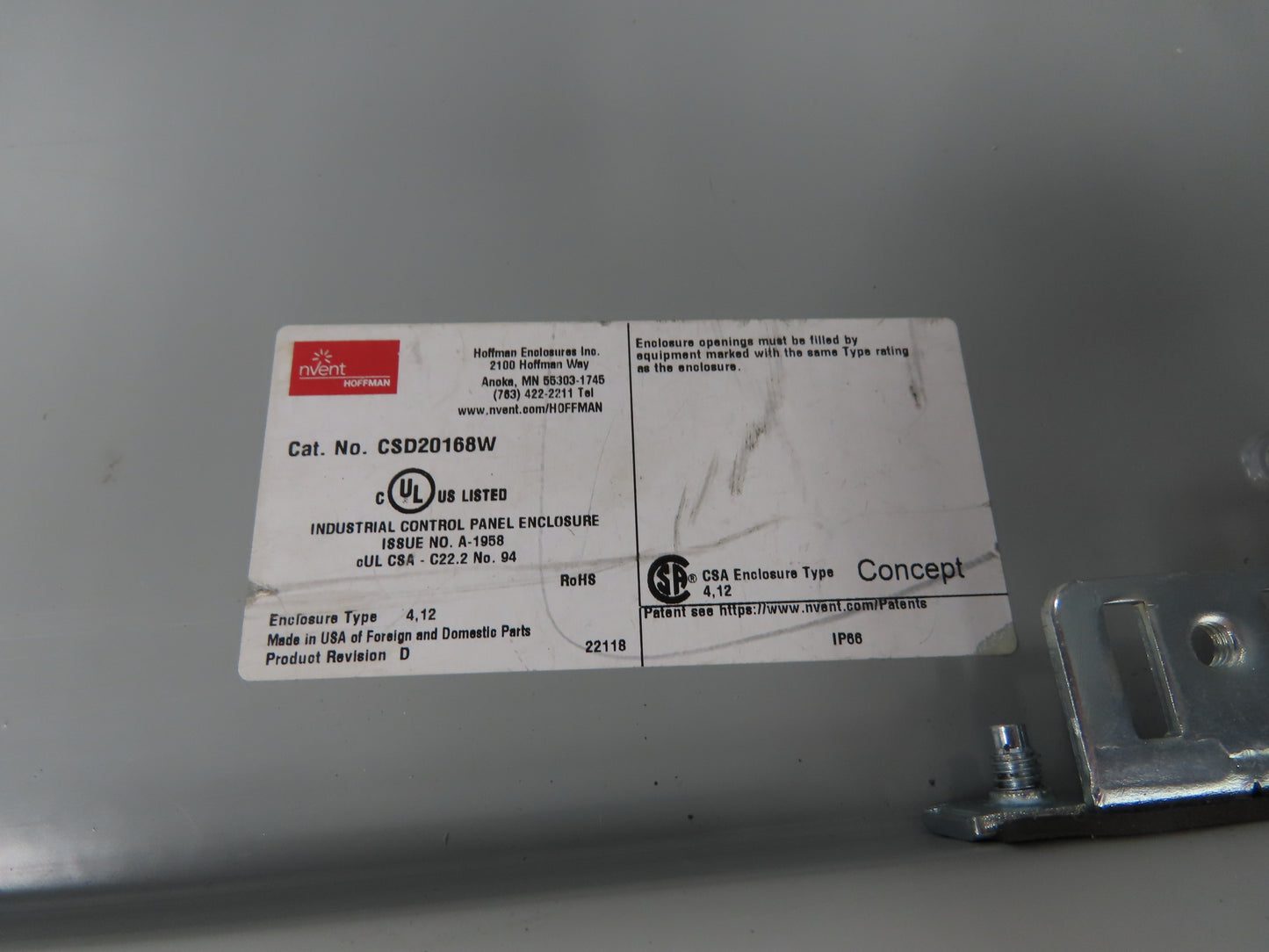 nVent Hoffman CSD20168W Electrical Window-Door Enclosure 20"x16"x8" W/ Blemishes