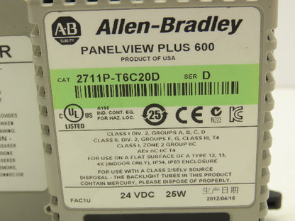 Allen Bradley 2711P-T6C20D PanelView Plus 600 Touch Screen PLC HMI SER D 24VDC