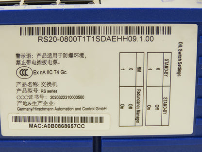 Hirschmann RS20-0800T1T1SDAEHH09.1.00 PLC Ethernet Rail DIL Switch Module 8 Port