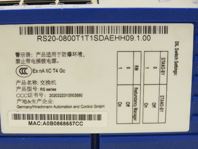 Hirschmann RS20-0800T1T1SDAEHH09.1.00 PLC Ethernet Rail DIL Switch Module 8 Port