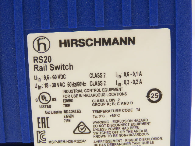Hirschmann RS20-0800T1T1SDAEHH09.1.00 PLC Ethernet Rail DIL Switch Module 8 Port