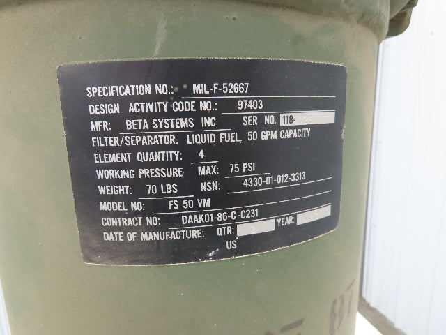 Beta Systems Liquid Fuel Filter/Separator 4 Element 50GPM Capacity 75psi Max