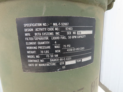 Beta Systems Liquid Fuel Filter/Separator 4 Element 50GPM Capacity 75psi Max