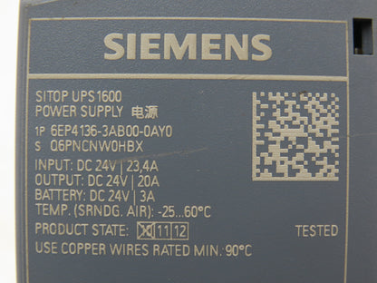 Siemens 6EP4136-3AB00-0AY0 Sitop UPS1600 Power Supply 24VDC 20Amp Out Din Rail