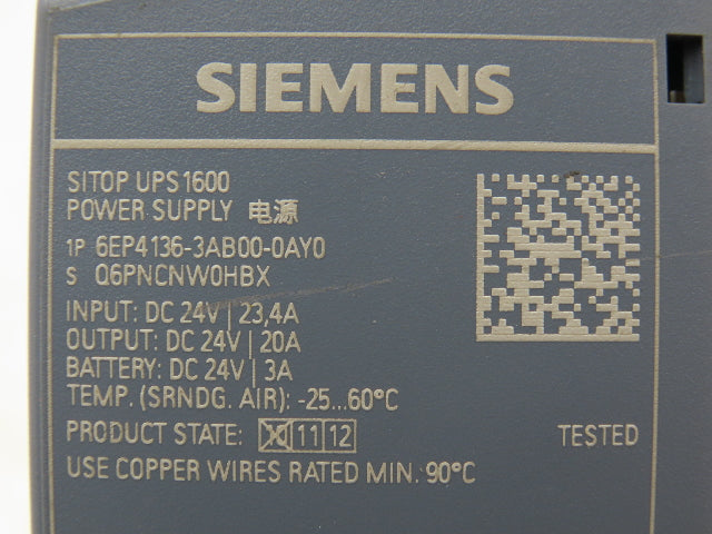 Siemens 6EP4136-3AB00-0AY0 Sitop UPS1600 Power Supply 24VDC 20Amp Out Din Rail