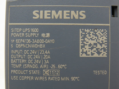 Siemens 6EP4136-3AB00-0AY0 Sitop UPS1600 Power Supply 24VDC 20Amp Out Din Rail