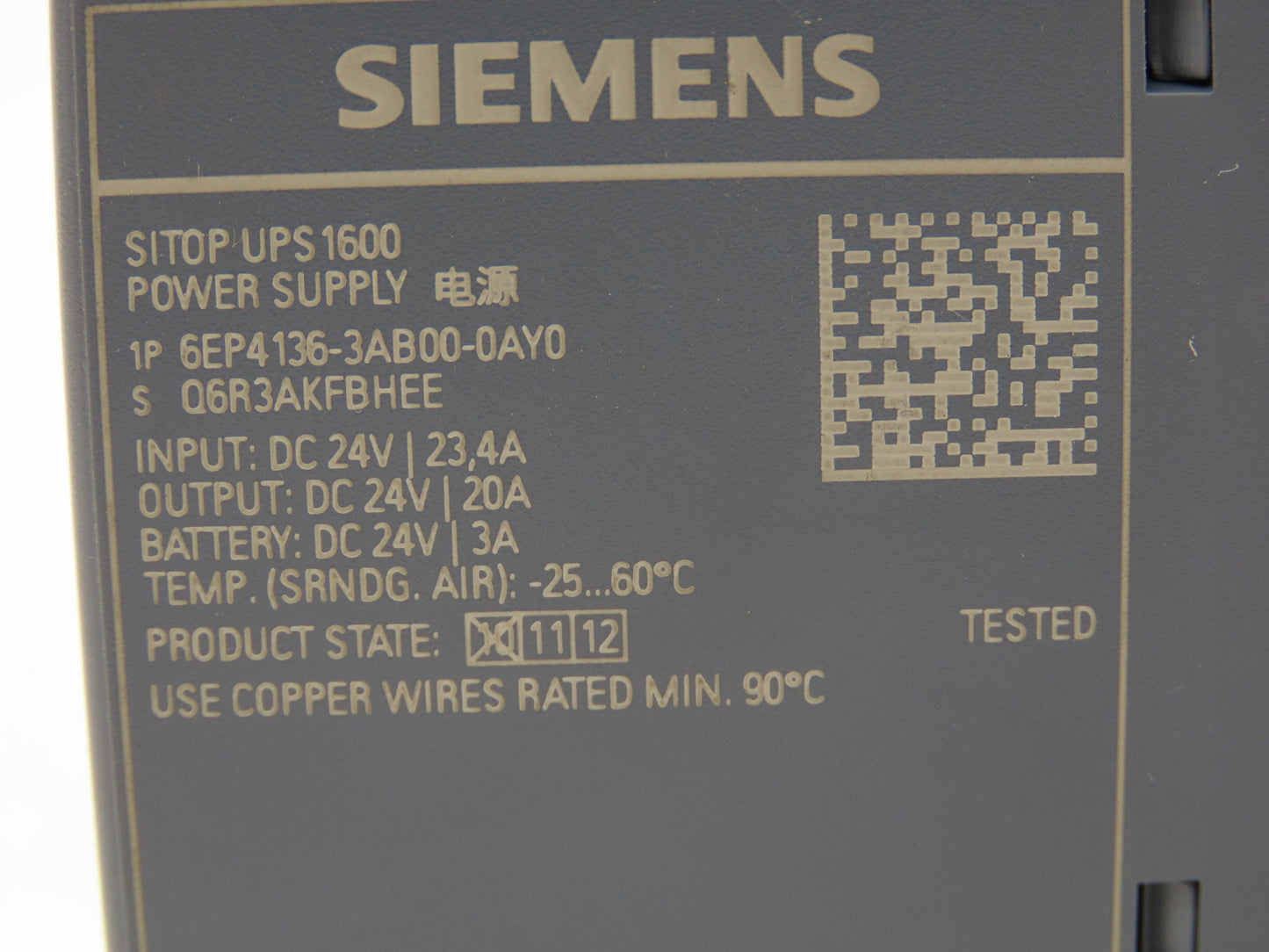 Siemens 6EP4136-3AB00-0AY0 Sitop UPS1600 Power Supply 24VDC 20Amp Out Din Rail